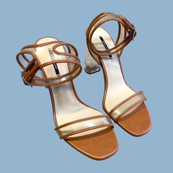 Zara lucite clear tan brown ankle strap block heels sandals size EU 39 US 8 - Picture 11 of 16
